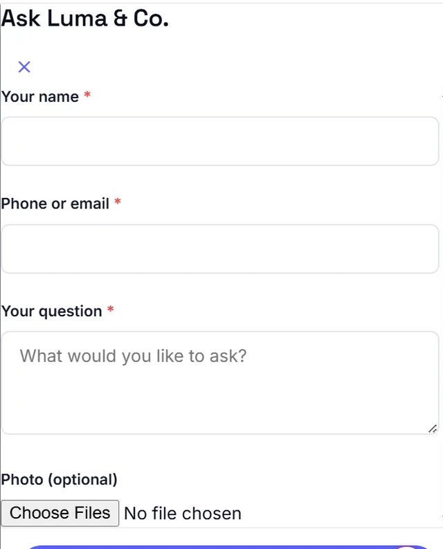 The Ask the seller form on an OlaOrder shop, with fields for name, phone or email, and a question.