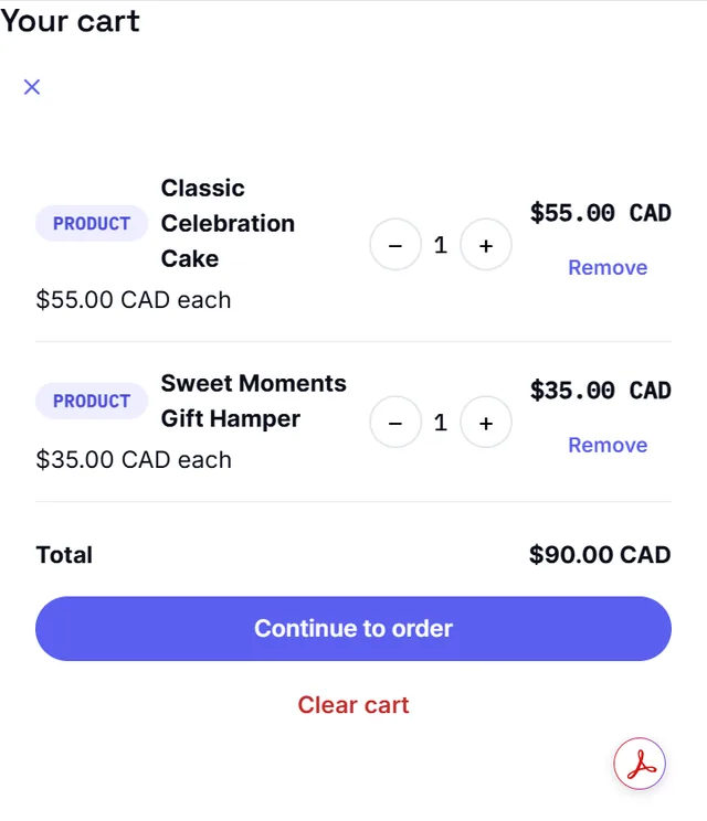 OlaOrder cart drawer with items, quantities, order total, and a Continue to order button.