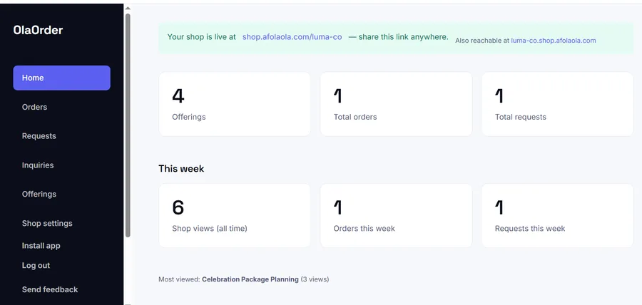 OlaOrder seller dashboard showing offerings, total orders, total requests, and weekly shop views.