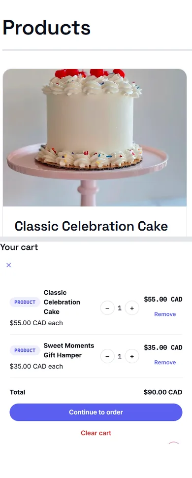 Mobile view of an OlaOrder shop: browsing products on top, reviewing the cart and checkout below.