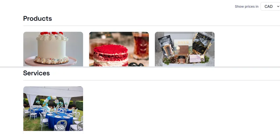Public OlaOrder shop page listing both products and services, with photos, prices, and order buttons.